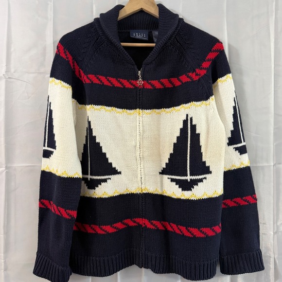 Crazy Horse Sweaters - Coastal Nautical Sailboat Zip Cardigan Sweater Navy Blue Shawl Collar L Thick